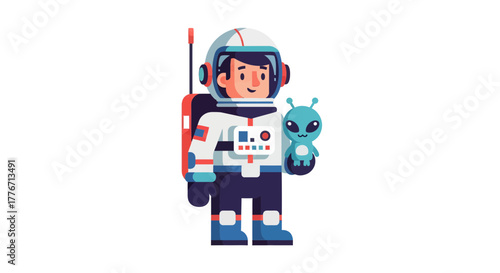 Astronaut Friend: A Spacefarer Discovering New Life In A Whimsical, Illustrated Scene