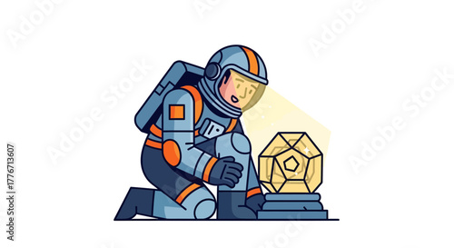 Astronaut Inspects a Mysterious Geometric Object in a Stylized and Graphic Illustration