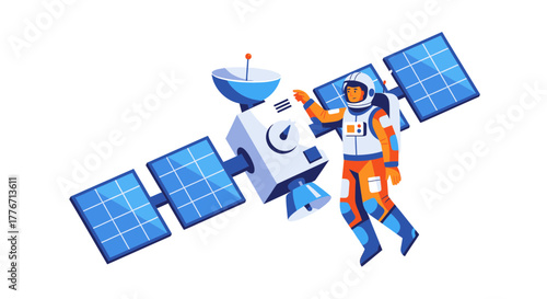 Astronaut Interacting With Satellite Orbiting Earth With Solar Panels in Space