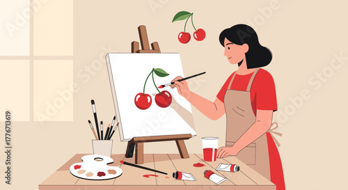 Artistic Cherry Painting Depicting Woman Painting Cherries on a Canvas at Home