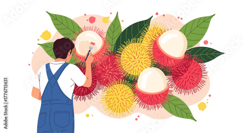 Artistic Depiction of a Person Painting Rambutans on a Decorative Background