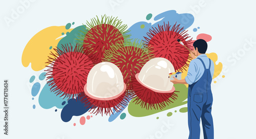 Artistic Depiction of a Rambutan Fruit Composition with Vibrant Brushstrokes and a Painter