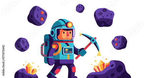 Astronaut Mining Asteroids for Precious Gems in a Vibrant and Colorful Illustration