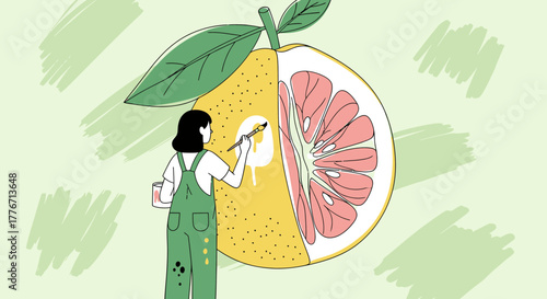Artistic Depiction Of A Woman Painting A Section Of A Citrus Fruit With Colorful Aesthetic