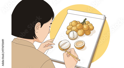 Artistic Depiction Of A Woman Sketching Fresh Longan Fruit On A Sketchpad
