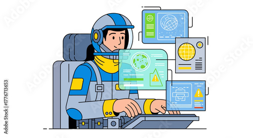 Astronaut Navigating Spaceship Technology Interface For Interstellar Information Access