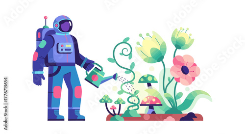 Astronaut Nurturing Extraterrestrial Flora In A Vibrant And Abstract Botanical Eden