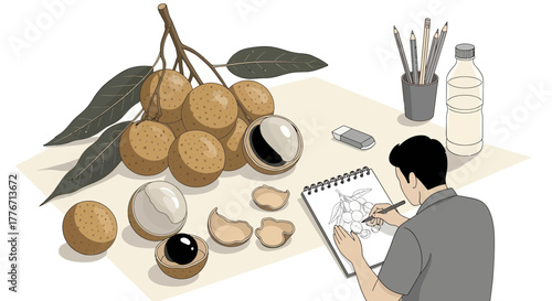 Artistic Depiction Of Longan Fruits With Botanical Illustration And Hydration