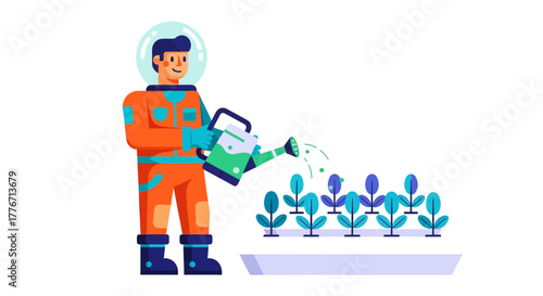 Astronaut Nurturing Plants Inside A Simulated Environment With Watering Can And Greenery