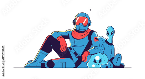 Astronaut Relaxing With Alien, Cartoon Illustration Of The Exploration And Futuristic Concept