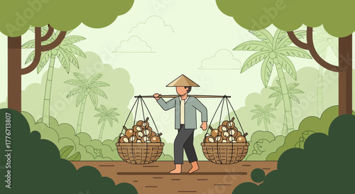 Asian Farmer Carrying Baskets of Harvest in Lush Agricultural Tropical Landscape