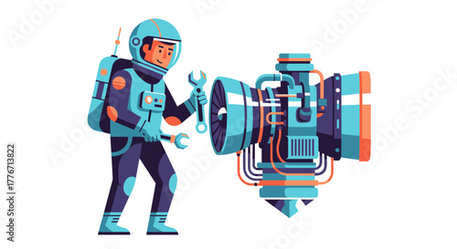 Astronaut Repairing Futuristic Mechanical Device With Wrenches Against White Background