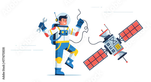 Astronaut Repairing Satellite in Space with Tools and a Cheerful Expression
