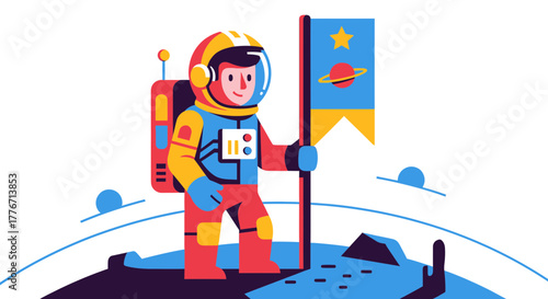 Astronaut Successfully Plants Flag on an Alien Planet in Stylized Vector Illustration