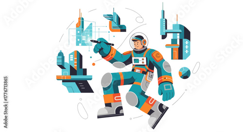 Astronaut Sketching Futuristic City Designs in a Vibrant and Modern Illustration