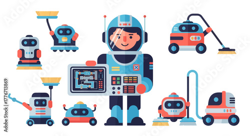 Astronaut Supervises Robotic Cleaning Units, Showcasing Futuristic Home Automation