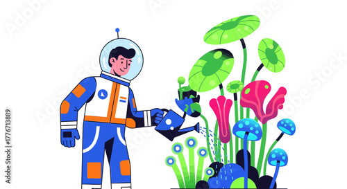 Astronaut Watering Exotic Plants Illustration Suitable for Children's Book Production