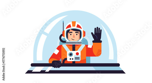 Astronaut Waving From Inside Space Module Vector Illustration Design Concept