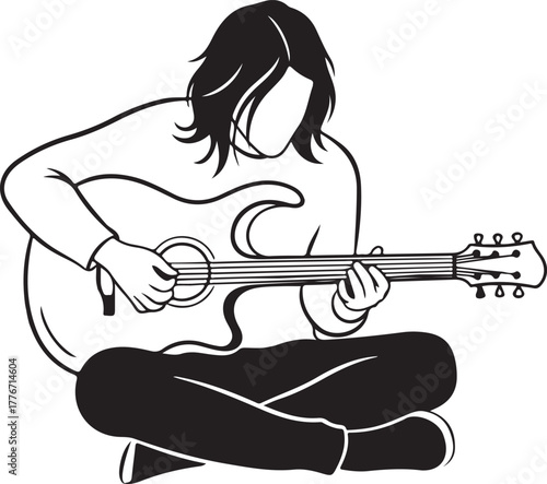 Musician Playing Acoustic Guitar in Line Art Style | Musician Vector Illustration