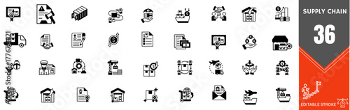 Supply Chain Line Icon Set – Logistics, Warehouse, Delivery, Transport, Inventory, Freight, Distribution, Tracking, Editable Stroke, Outline Icons