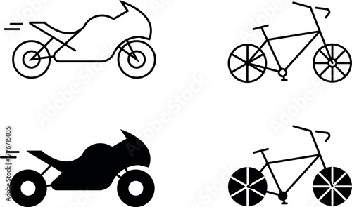 Motorcycle and Bicycle Icon Set – Outline and Solid Transportation Vector