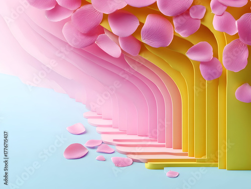  Pink archway structur with pink flowers, creating a dreamy and surreal architectural visualization, minimalist design aesthetic, copy space