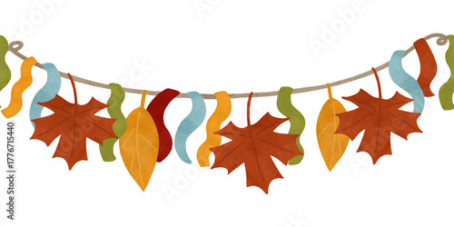 Autumn garland of ribbons and leaves, festive watercolor seamless border in autumn colors. Design element for printing, children's prints, decorations
