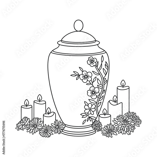 Elegant urn with floral design and candles line art