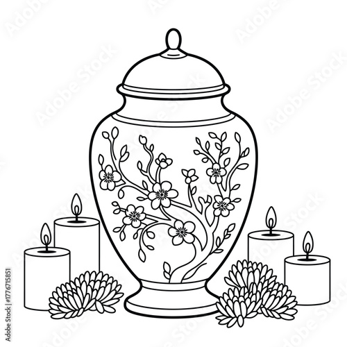 Line art illustration of a decorative urn surrounded by candles and flowers