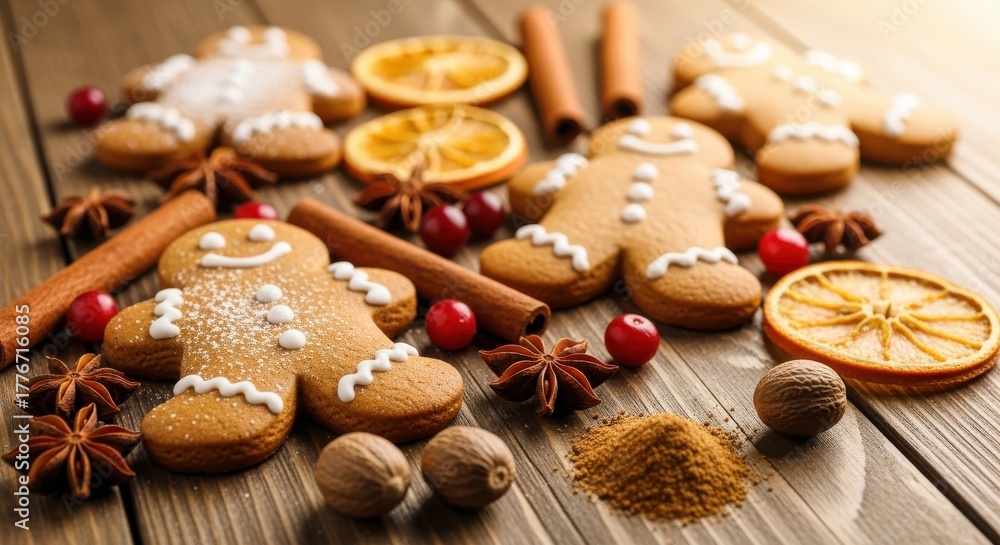 Fototapeta premium Warm, inviting festive gingerbread men cookies dusted with sugar and surrounded by aromatic spices and dried orange slices on a rustic wooden table