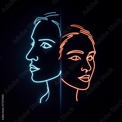 Neon profiles of a woman and a man's faces on a black background.