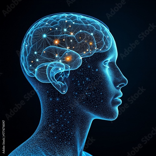 A transparent glowing human head with a brain on a black background.