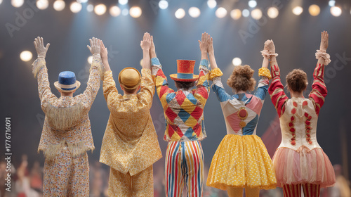 Performers in colorful costumes take a bow at the circus show in a lively atmosphere on a vibrant evening