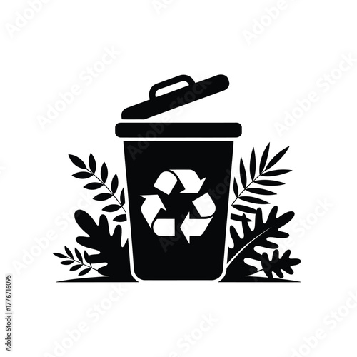 Black recycling bin with green leaves and recycle symbol