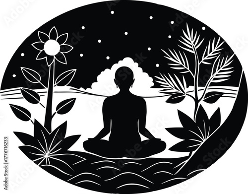 Riverside Flower Meditation Silhouette | Calm River Blossom View