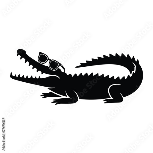Silhouette of a cool alligator wearing sunglasses with mouth open