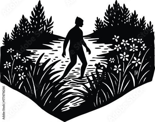 Spring Meadow River Crossing Silhouette | Seasonal Floral Stream Scene