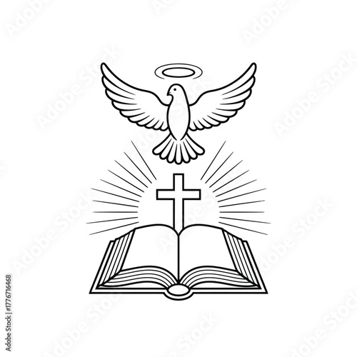 Christian holy spirit dove cross and open bible illustration
