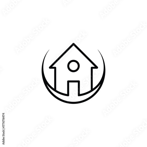 Minimalist black and white house logo with crescent moon shape