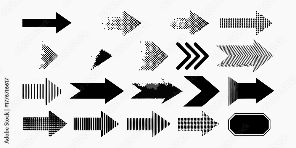 Fototapeta premium Collection of diverse black arrow icons and graphic elements on a white background
