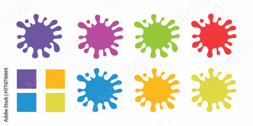 Collection of colorful paint splatters and squares in a playful arrangement on a white background