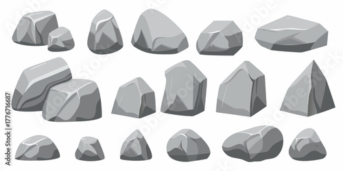 Collection of assorted grey rocks and stones in various shapes and sizes on a white background