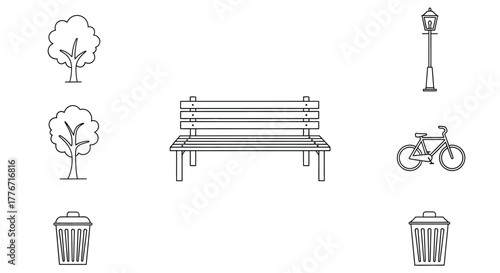 Simple park elements including a bench trees bicycle and trashcans