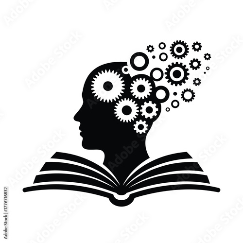 Silhouette of a human head with gears and an open book