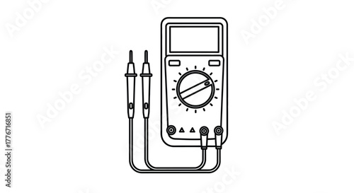 A black and white illustration depicting a digital multimeter with test leads