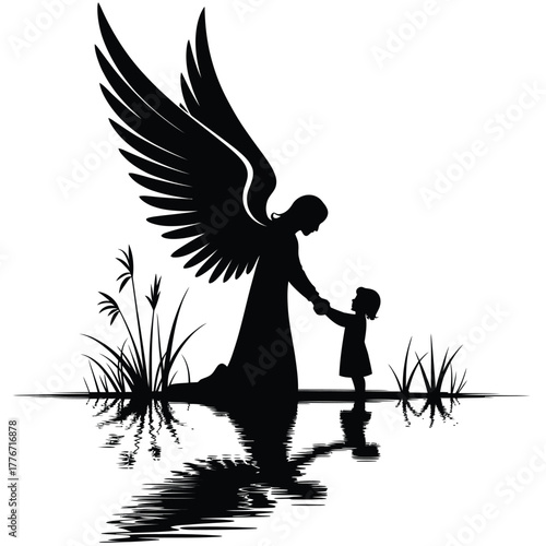 Guardian angel silhouette holding child s hand by water reflection