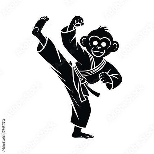 Cartoon monkey performing a high kick in karate uniform