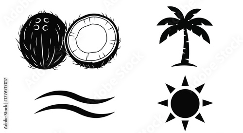Black and white tropical icons depicting coconuts a palm and sun