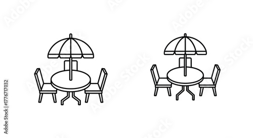 Simple black and white illustration of outdoor dining with umbrellas
