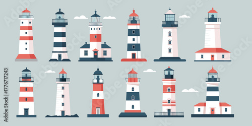 Collection of diverse lighthouses in flat design on a grey background maritime